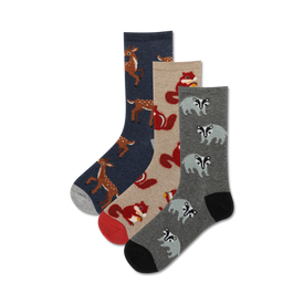 blue, brown, and gray crew socks with deer, raccoon, and badger patterns for women.  