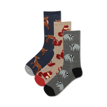 blue, brown, and gray crew socks with deer, raccoon, and badger patterns for women.  