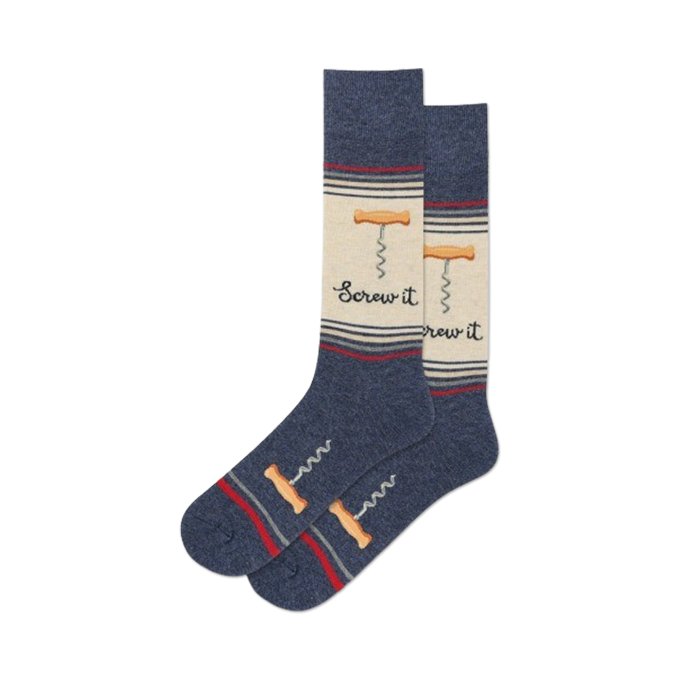 Pair of crew socks in navy blue, beige, and red.  They feature a whimsical corkscrew design and the phrase 'Screw It'.