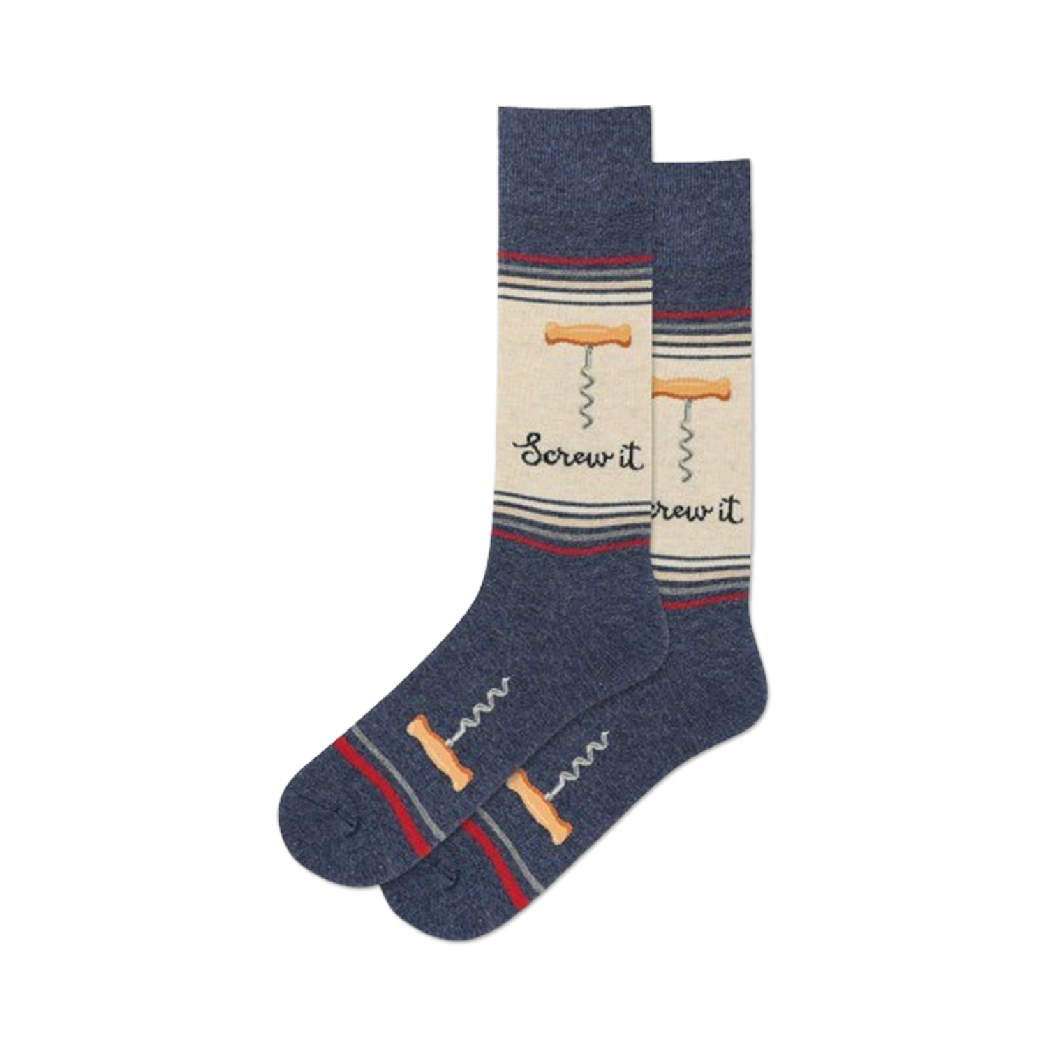 Pair of crew socks in navy blue, beige, and red.  They feature a whimsical corkscrew design and the phrase 'Screw It'.