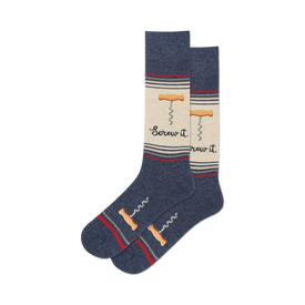 blue crew socks with a corkscrew design featuring the words 'screw it'.   
