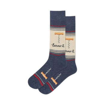 blue crew socks with a corkscrew design featuring the words 'screw it'.   