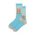 Pair of light blue and beige striped crew socks.  A brown bunny rabbit is featured on one sock.