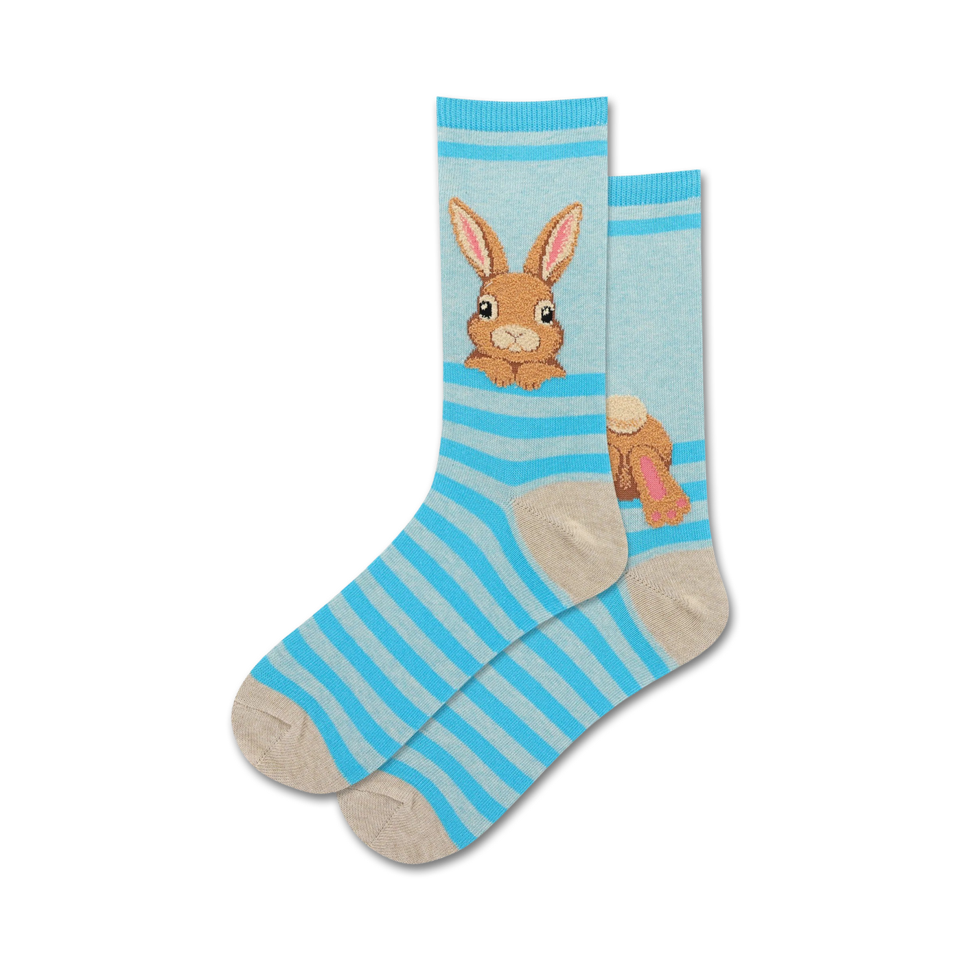 Pair of light blue and beige striped crew socks.  A brown bunny rabbit is featured on one sock.