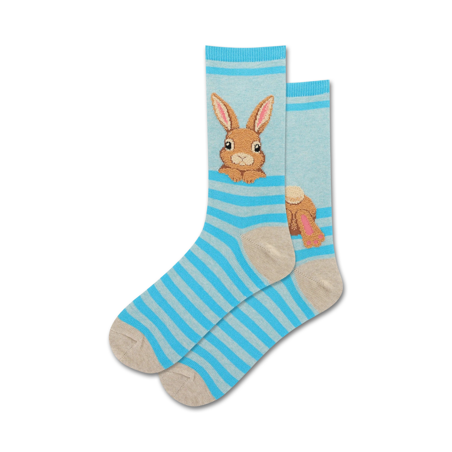 Pair of light blue and beige striped crew socks.  A brown bunny rabbit is featured on one sock.