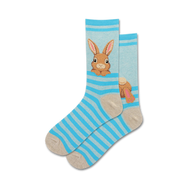 blue crew socks with brown and pink bunny pattern for women  
