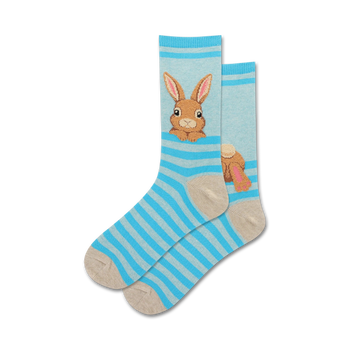 blue crew socks with brown and pink bunny pattern for women  