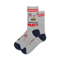Pair of grey crew socks with red and navy blue accents. Design includes fireworks, a hamburger, and the phrase 'United We Party'.