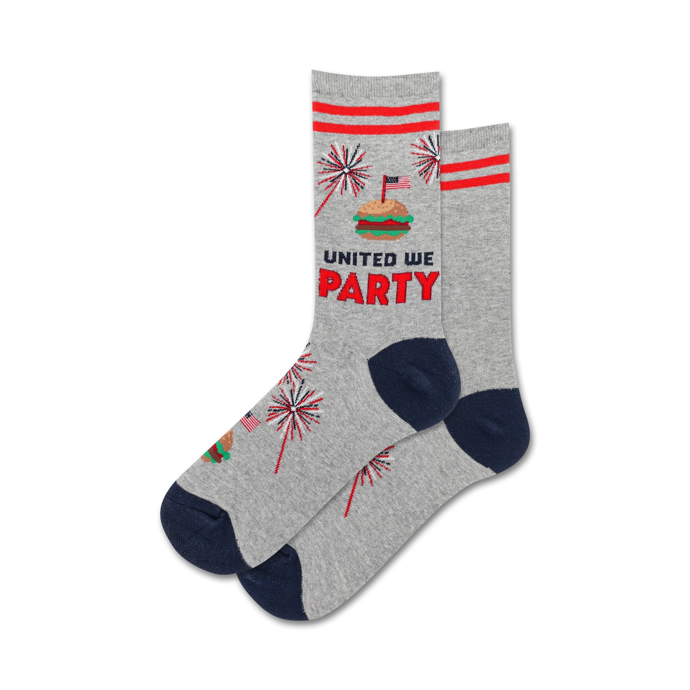 Pair of grey crew socks with red and navy blue accents. Design includes fireworks, a hamburger, and the phrase 'United We Party'.