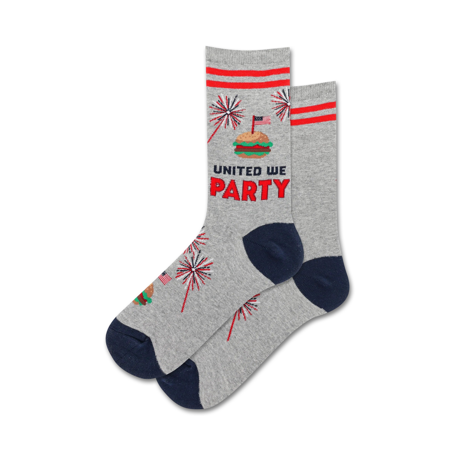Pair of grey crew socks with red and navy blue accents. Design includes fireworks, a hamburger, and the phrase 'United We Party'.