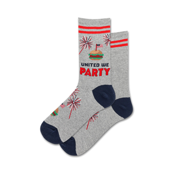 crew length socks in soft gray with a fun pattern of hamburgers, hot dogs, and fireworks. perfect for celebrating the 4th of july.   