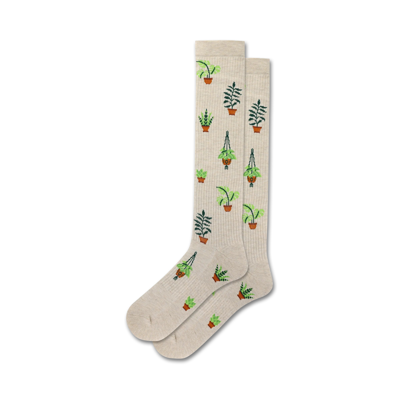 Pair of beige crew socks with a repeating pattern of potted plants in shades of green and brown.