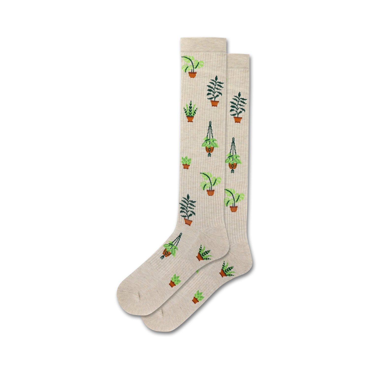 Pair of beige crew socks with a repeating pattern of potted plants in shades of green and brown.