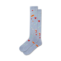 Pair of light blue crew socks with pixel art of hearts, band-aids, pills, stethoscopes, and syringes.