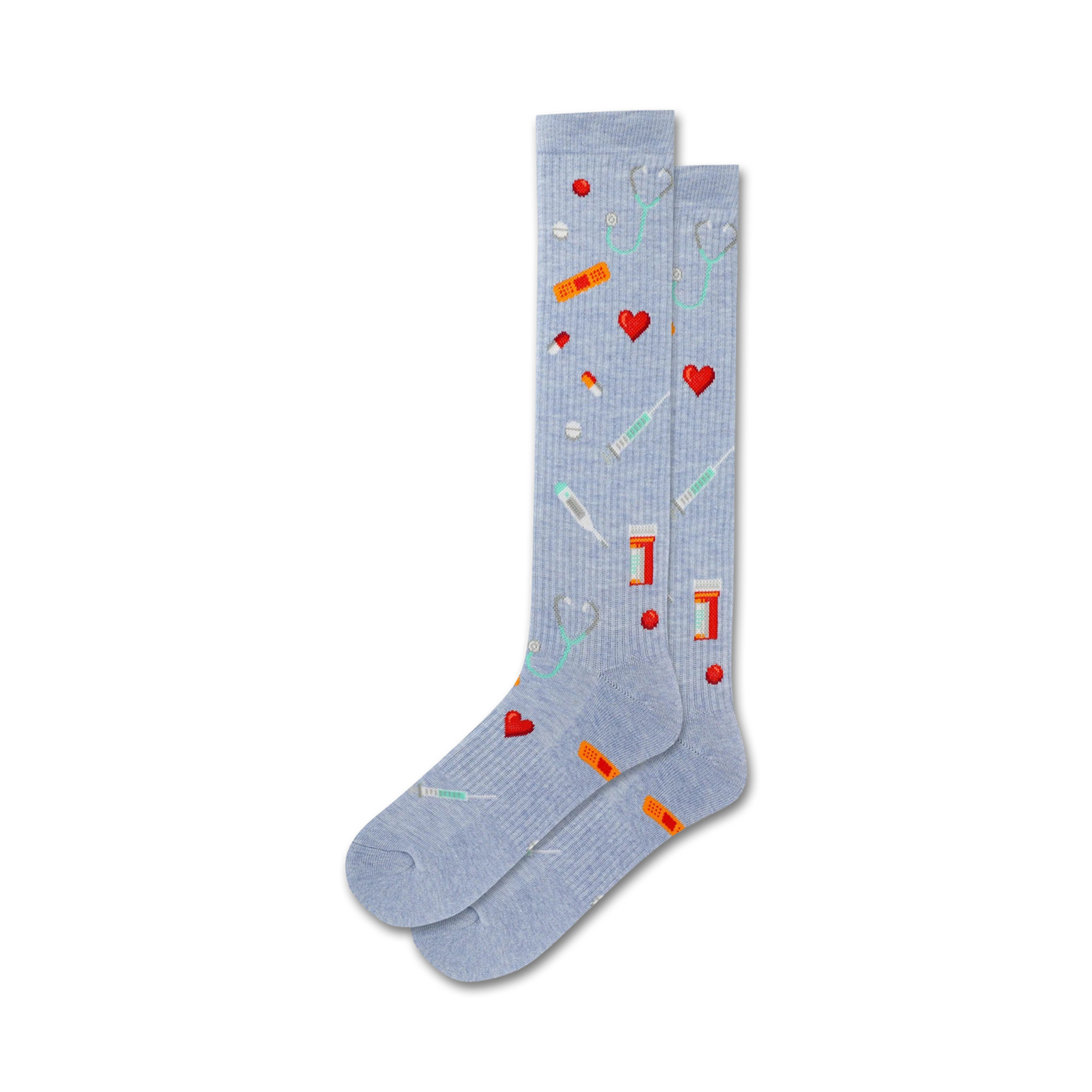 Pair of light blue crew socks with pixel art of hearts, band-aids, pills, stethoscopes, and syringes.