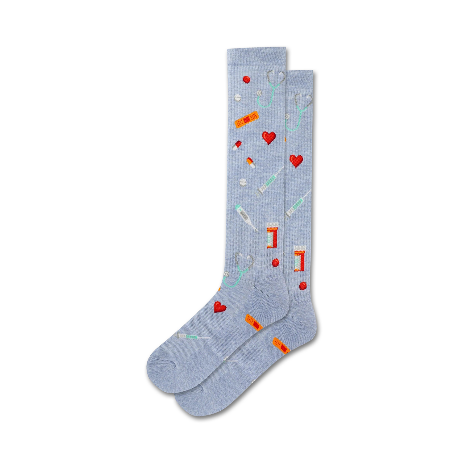 Pair of light blue crew socks with pixel art of hearts, band-aids, pills, stethoscopes, and syringes.