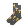 Pair of crew socks; grey, mint green; featuring a repeating pattern of cats nestled in ice cream cones.