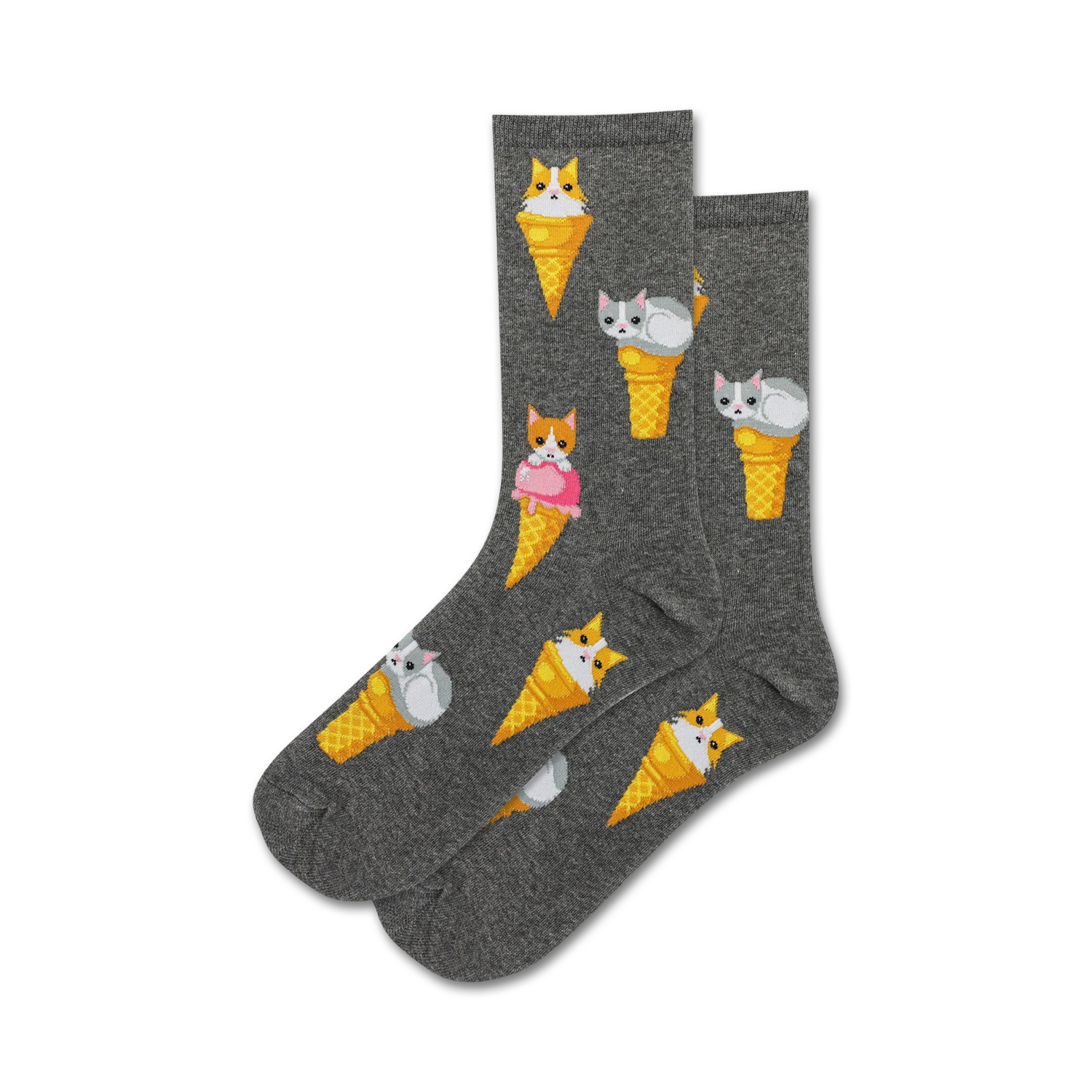 Pair of crew socks; grey, mint green; featuring a repeating pattern of cats nestled in ice cream cones.