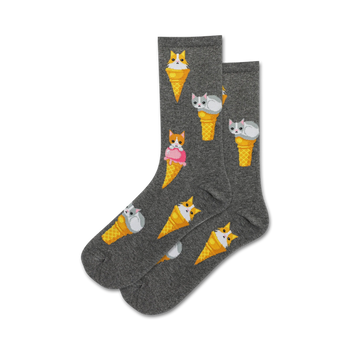 pixelated cats served in ice cream cones pattern gray crew socks for women.   