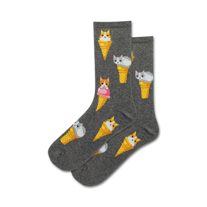 pixelated cats served in ice cream cones pattern gray crew socks for women.   