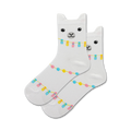 Pair of white crew socks featuring a llama face and pastel-colored tassels and beads. 