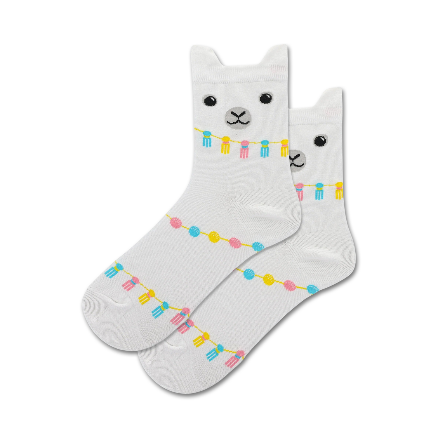Pair of white crew socks featuring a llama face and pastel-colored tassels and beads. 