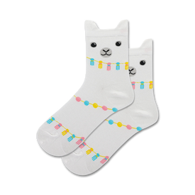  white ankle socks with colorful llama pattern.   