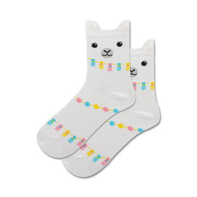   white ankle socks with colorful llama pattern.   