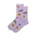 Pair of lavender crew socks with repeating pattern of cartoon dogs; some wear sunglasses, one is in a pink life preserver, and others nap on yellow towels.