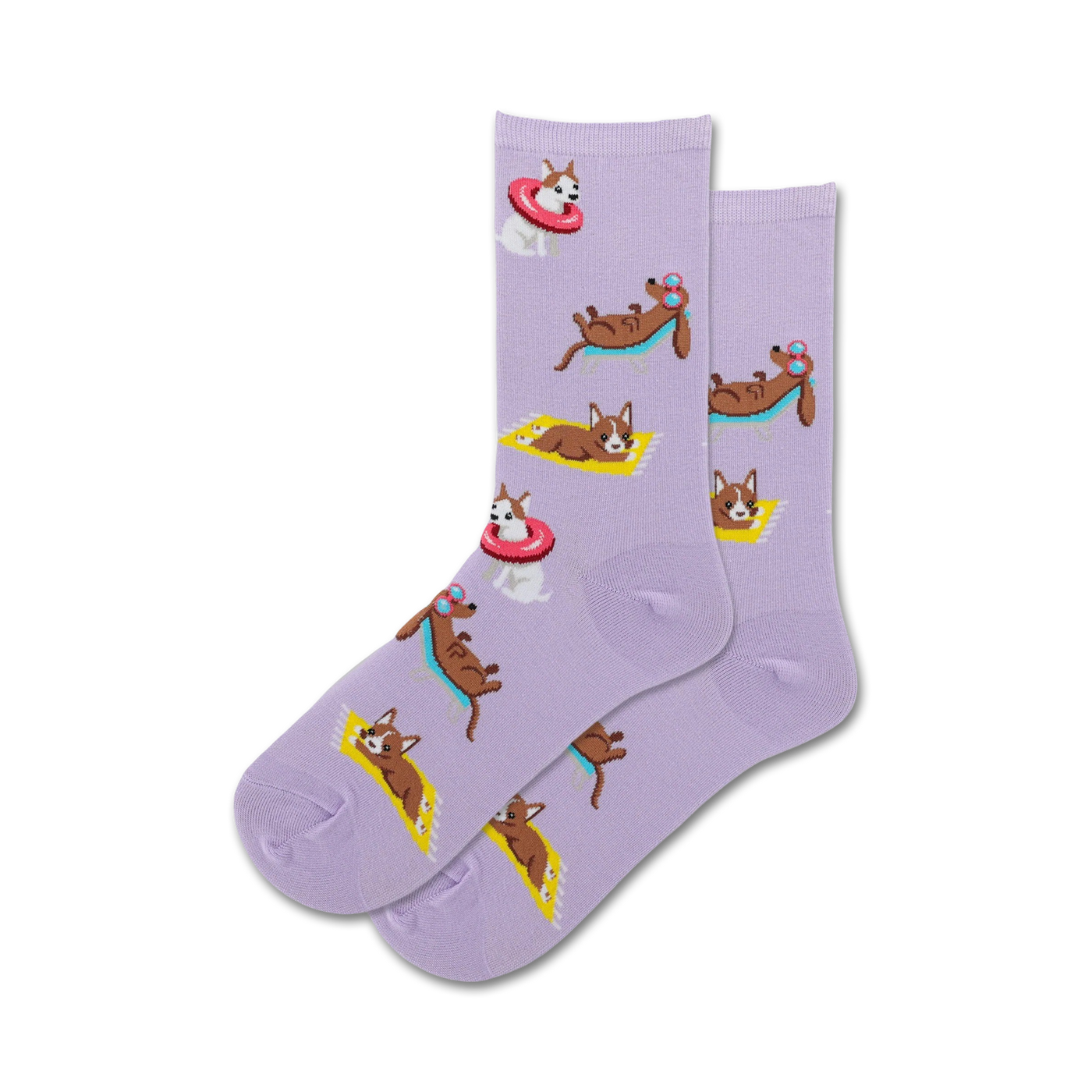 Pair of lavender crew socks with repeating pattern of cartoon dogs; some wear sunglasses, one is in a pink life preserver, and others nap on yellow towels.