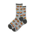 Pair of gray crew socks with a repeating pattern of sunglasses reflecting sunsets and palm trees.