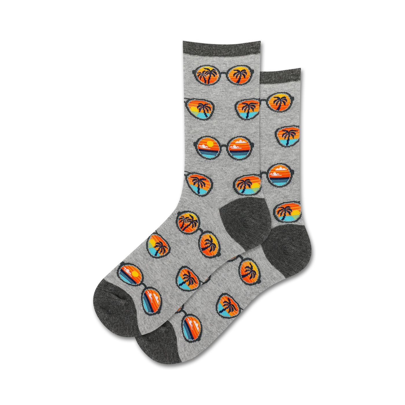 Pair of gray crew socks with a repeating pattern of sunglasses reflecting sunsets and palm trees.