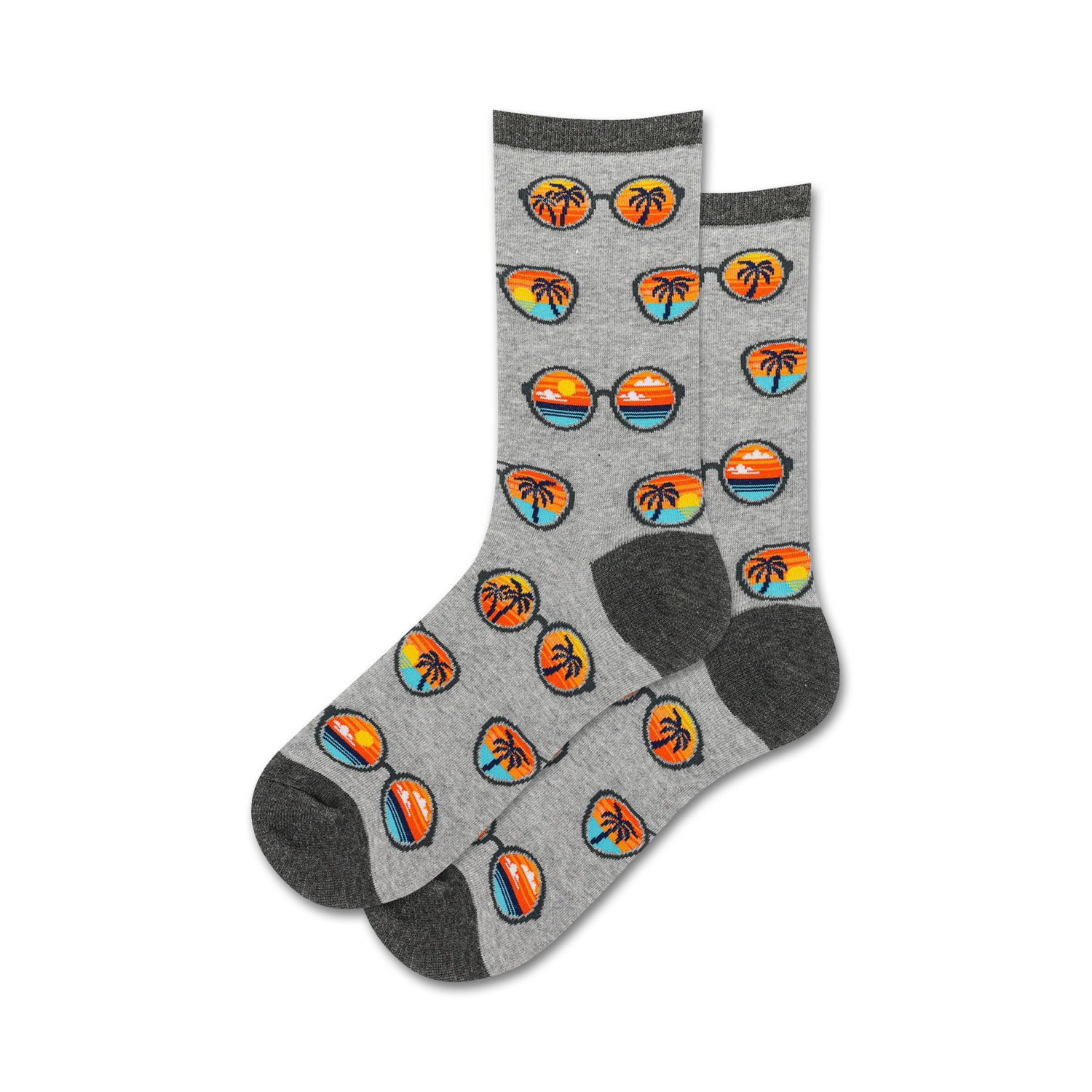 Pair of gray crew socks with a repeating pattern of sunglasses reflecting sunsets and palm trees.