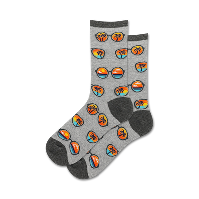 gray crew socks with sunglasses pattern, beach sunset scene inside, women's  