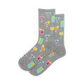 Pair of grey crew socks with a repeating pattern of colorful cocktail illustrations, including martinis, margaritas, and other summer drinks.