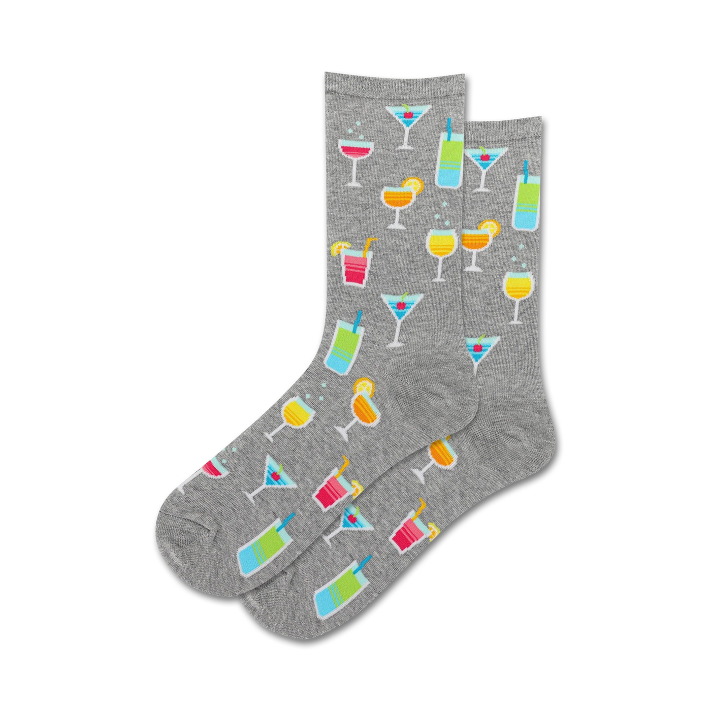 Pair of grey crew socks with a repeating pattern of colorful cocktail illustrations, including martinis, margaritas, and other summer drinks.