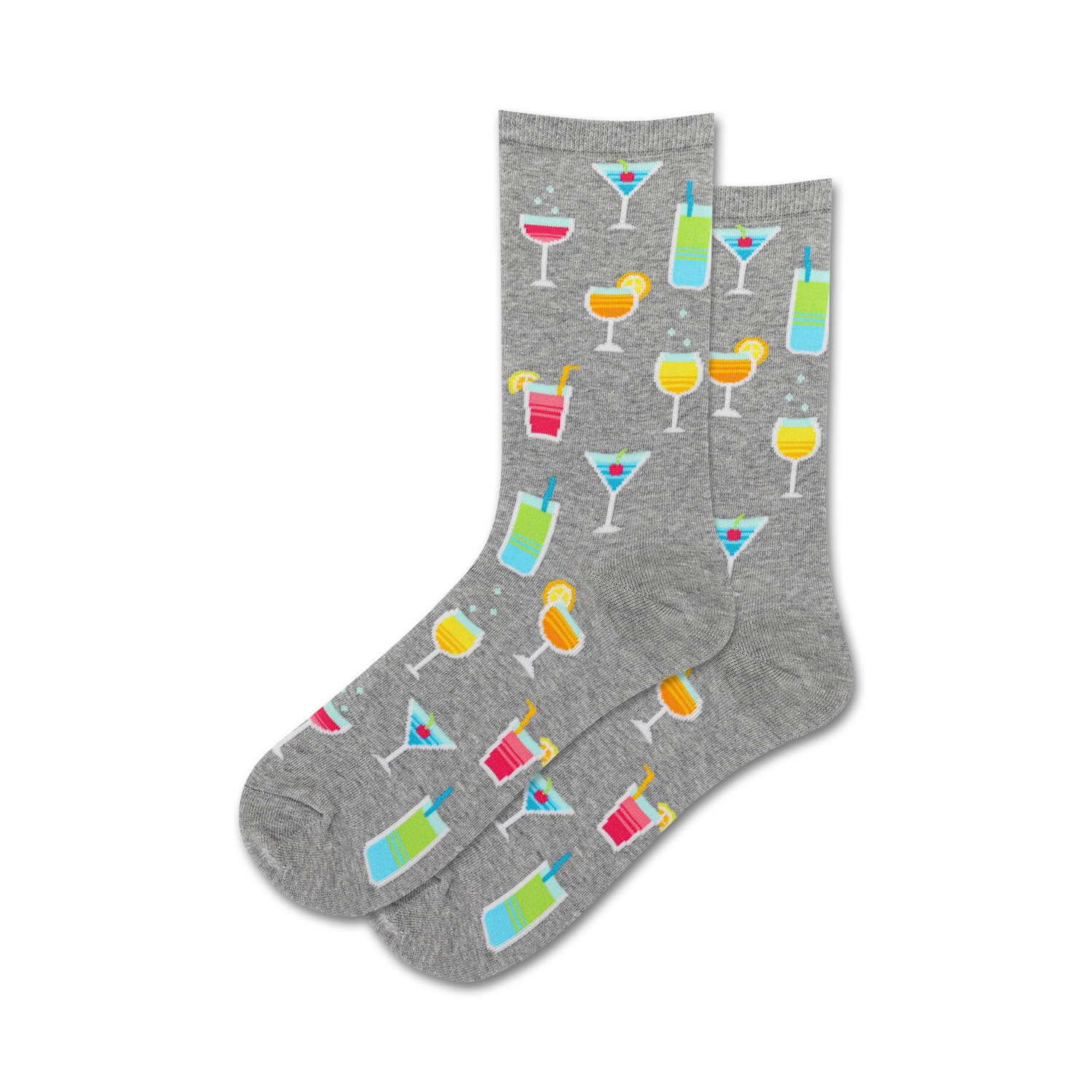 Pair of grey crew socks with a repeating pattern of colorful cocktail illustrations, including martinis, margaritas, and other summer drinks.
