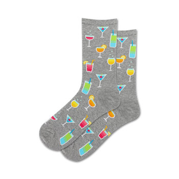 gray crew socks for women with colorful cocktail patterns, including martinis, margaritas, and daiquiris.   
