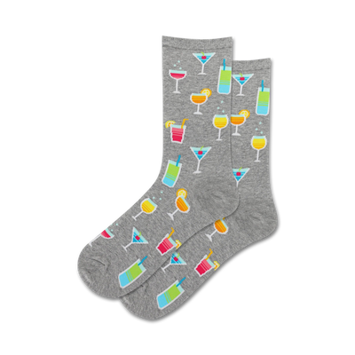 gray crew socks for women with colorful cocktail patterns, including martinis, margaritas, and daiquiris.   