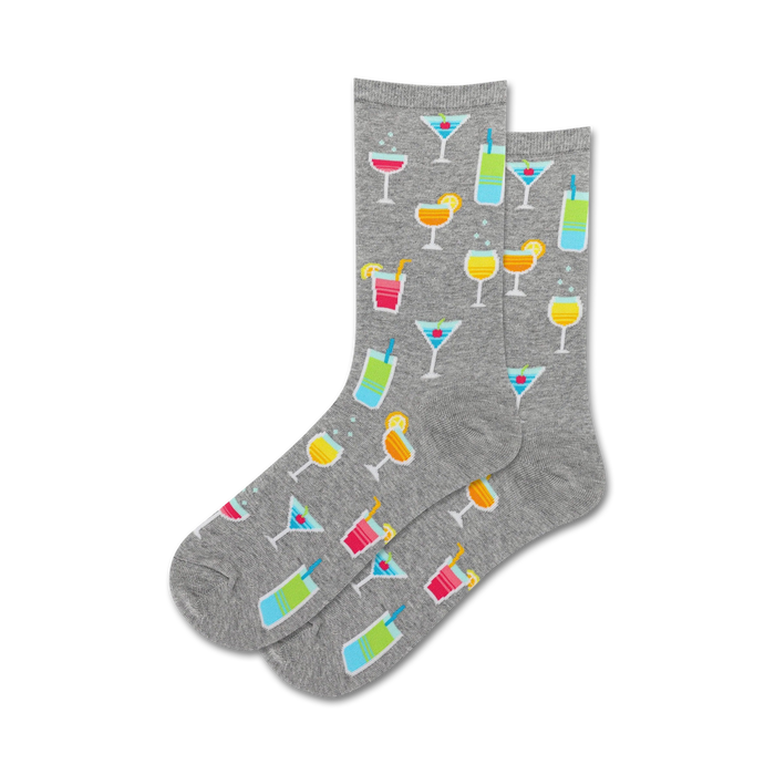 gray crew socks for women with colorful cocktail patterns, including martinis, margaritas, and daiquiris.    }}
