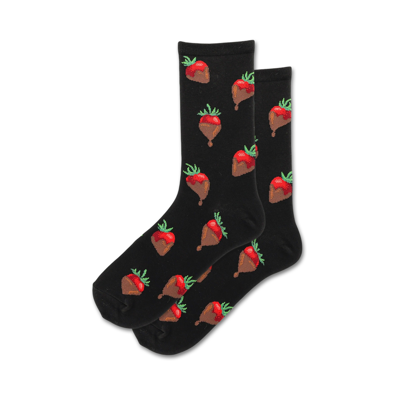 Pair of black crew socks with a repeating pattern of chocolate-covered strawberries.