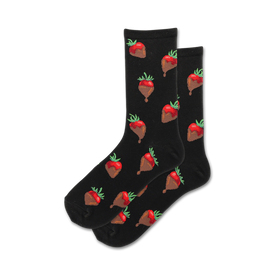 black crew socks feature red chocolate covered strawberry design. unique and stylish for women.   