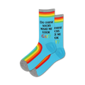 Pair of light blue crew socks with a rainbow stripe and the text 'Do These Socks Make Me Look Gay?'