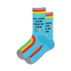 Pair of light blue crew socks with a rainbow stripe and the text 'Do These Socks Make Me Look Gay?'