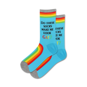 blue crew socks with rainbow, pride and gay-themed text.   