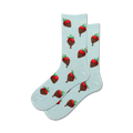 Lifestyle shot showing a pair of light blue crew socks with a chocolate-covered strawberry pattern.