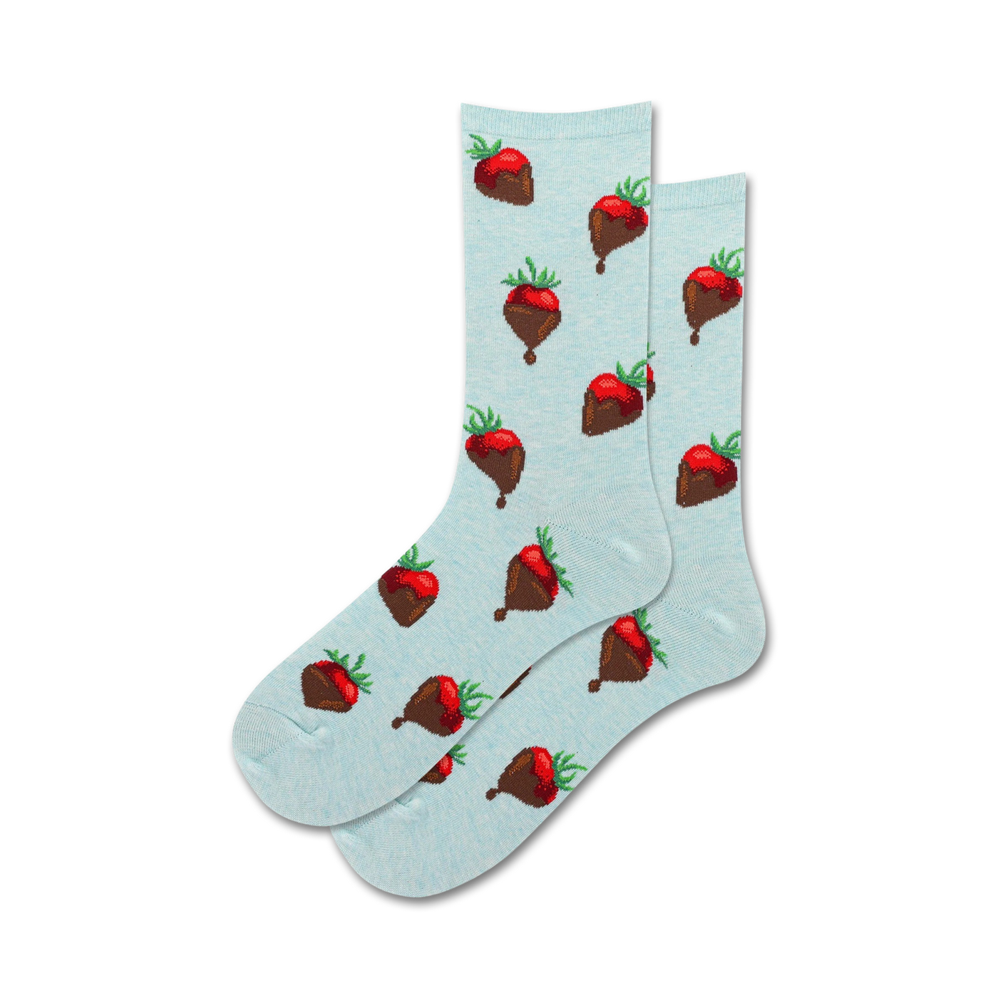 Lifestyle shot showing a pair of light blue crew socks with a chocolate-covered strawberry pattern.