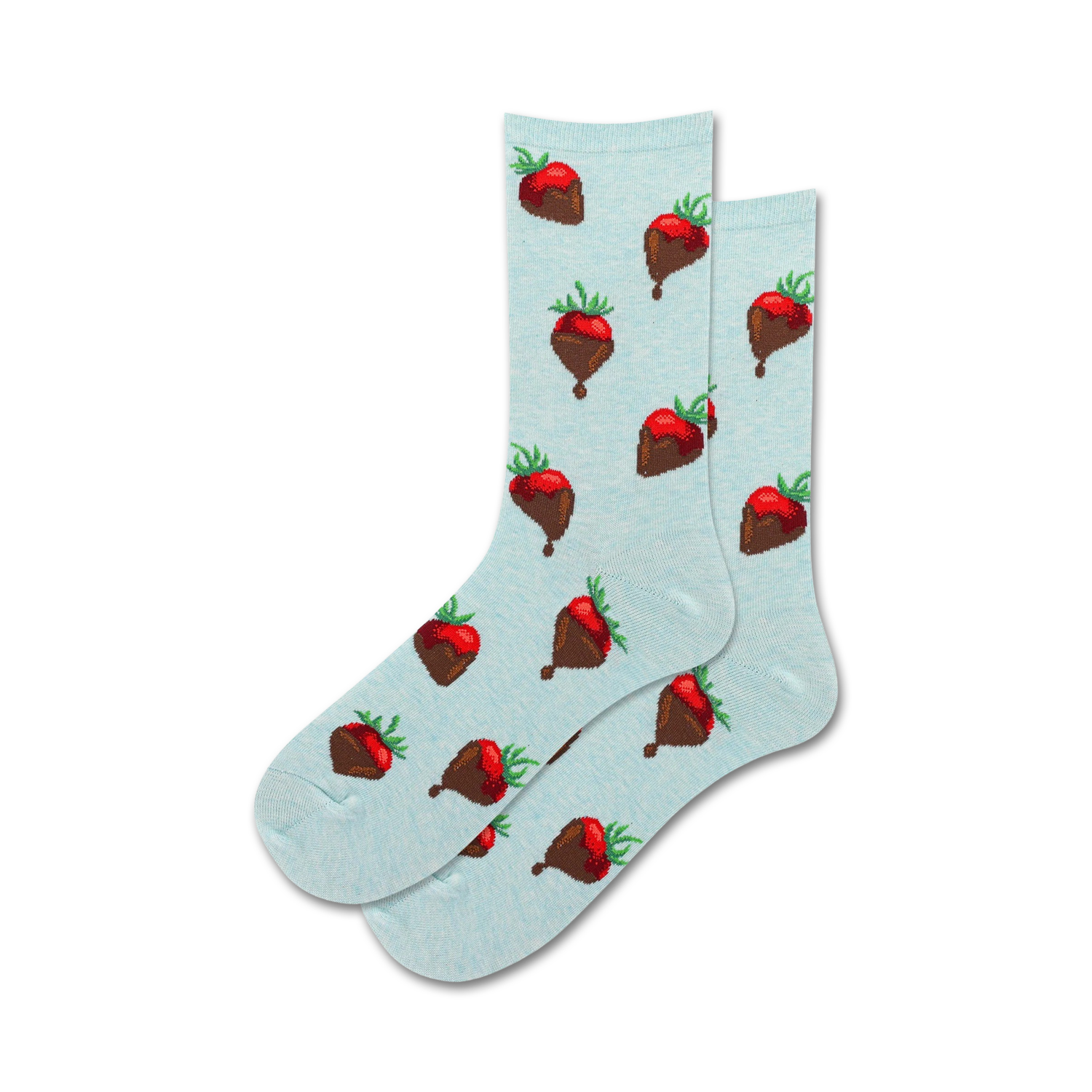 Lifestyle shot showing a pair of light blue crew socks with a chocolate-covered strawberry pattern.