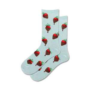 light blue crew socks with pattern of chocolate-covered strawberries.   
