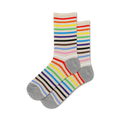Three pairs of crew socks in beige with multicolored horizontal stripes.  The stripes include red, orange, yellow, green, blue, purple, brown and black.